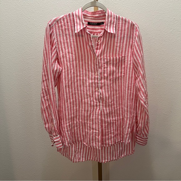 LRL Ralph Lauren  100% Linen Popover Top Womens S Pink White Striped - Picture 1 of 5